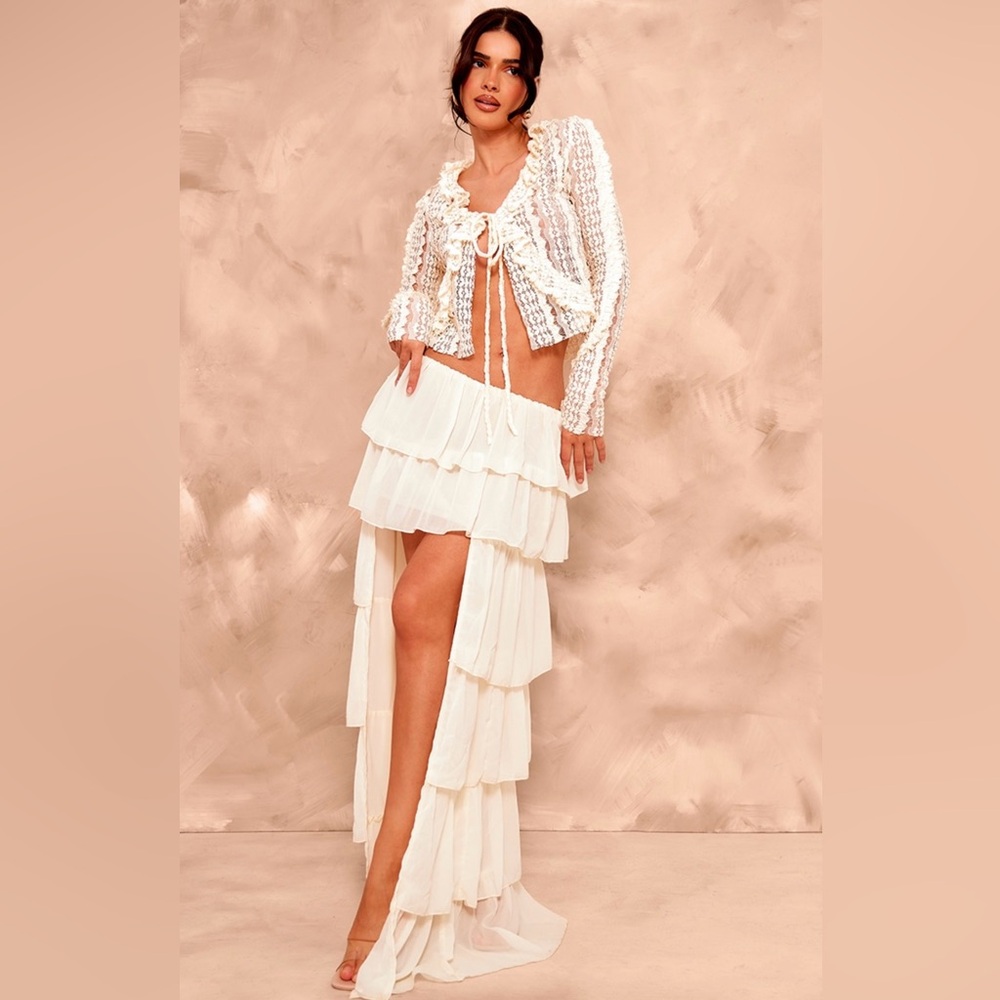 Cream Chiffon Tiered Waterfall Hem Maxi Skirt S